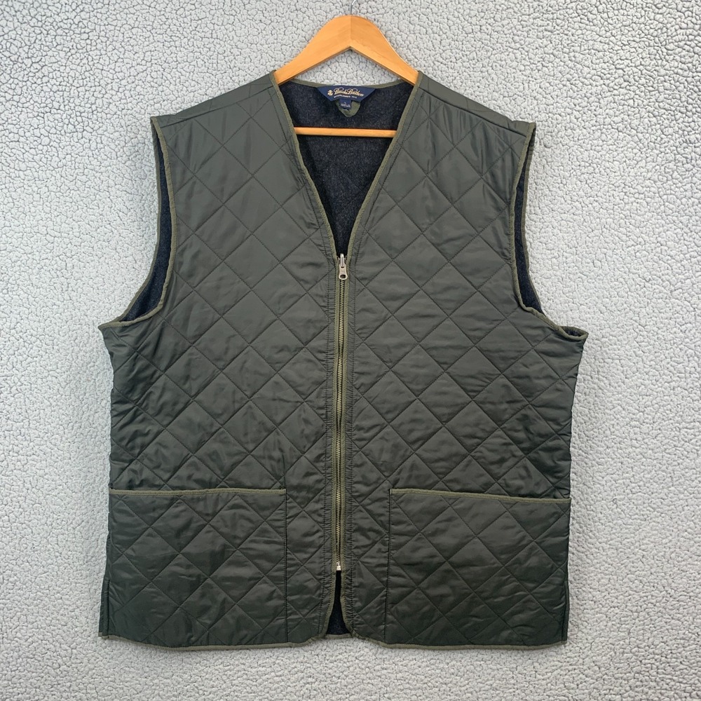 Brooks Brothers Mens L Olive Green Quilted Wool Lined Insulated Full Zip Vest